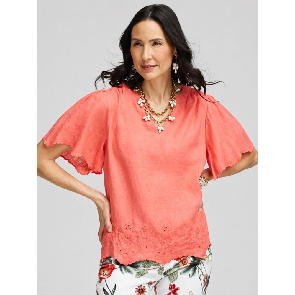 Chico's Linen Embroidered Hem Blouse Size 1 (8) Short Sleeve